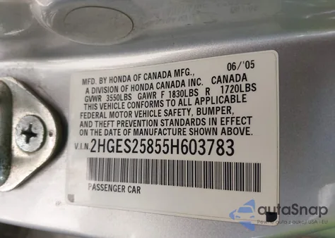 2005 Honda Civic Ex from USA, damaged, VIN 2HGES25855H603783